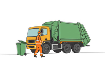 Fototapeta premium A sanitation worker walking towards a green trash can next to a yellow and green garbage truck