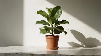 Obraz premium Potted Ficus Elastica Plant with Large Green Leaves in Terracotta Pot