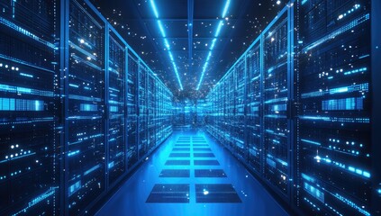 A vast server room filled with glowing data centers.
