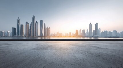 Naklejka premium Dubai Cityscape View: Modern Architecture and Urban Design, Panoramic Skyline, United Arab Emirates, Empty Concrete Surface