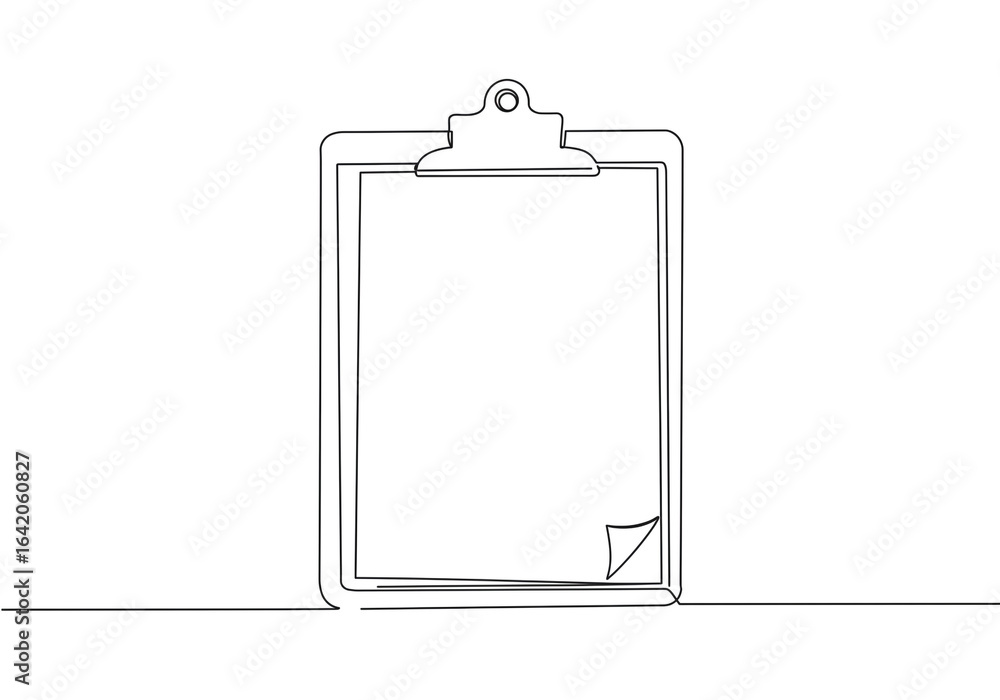 Poster single continuous line drawing of clipboard with paper on white background in minimalist design