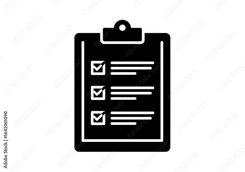 Poster a black and white graphic of a clipboard with check marks and lines on a white background