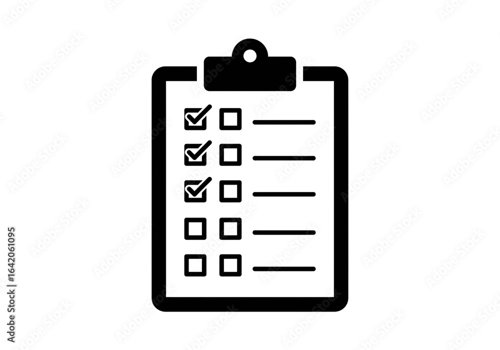 Poster a black and white illustration of a clipboard with check marks and empty boxes on it page
