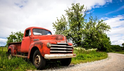 Rusty red vintage truck by a tree