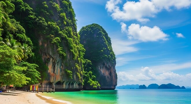 Beautiful tropical beach with limestone cliffs and clear turquoise water