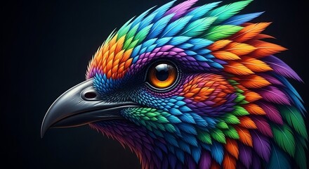 Abstract digital art of a colorful bird with vibrant feathers and patterns