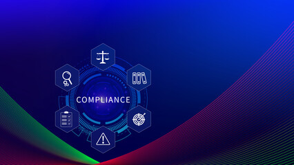 Fototapeta premium Compliance. Compliance concept with icons and text. Regulations, law, standards, requirements, Rule, audit diagram on virtual screen, Business internet technology