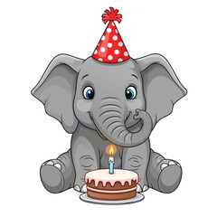Adorable Baby Elephant Character with Birthday Cake and Party Hat Vector Illustration for Children’s Party Invitations and Decor