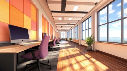 Bright and modern office space featuring multiple workstations with desktop computers, large windows for natural lighting, and vibrant wall decor, perfect for promoting productivity, collaboration