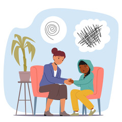 Crying girl child receiving support from psychologist at psychotherapy session cartoon scene