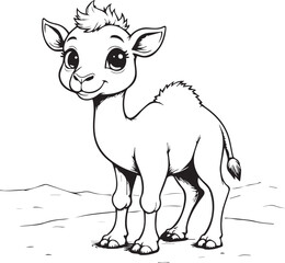 Cute Baby Camel: An endearing outline of a cartoon camel with big, expressive eyes, perfect for coloring. 