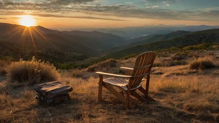 A wooden chair and ottoman sit overlooking a mountain range at sunset with a cloudy sky above them
