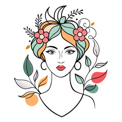 One Line Drawing of Woman Face with Floral Hair Minimalist Vector Art