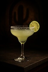 Margarita cocktail in glass with lime slice on dark background  