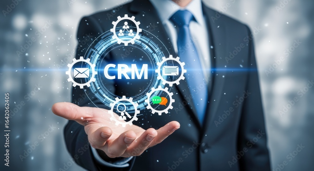 Poster customer relationship management: conceptual businessman displaying crm system with data icons and m