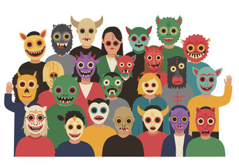 Diverse Group Wearing Colorful Monster Masks, Halloween Celebration, Costume Party