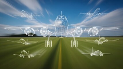 Wireframe airplane models on runway for national aviation day