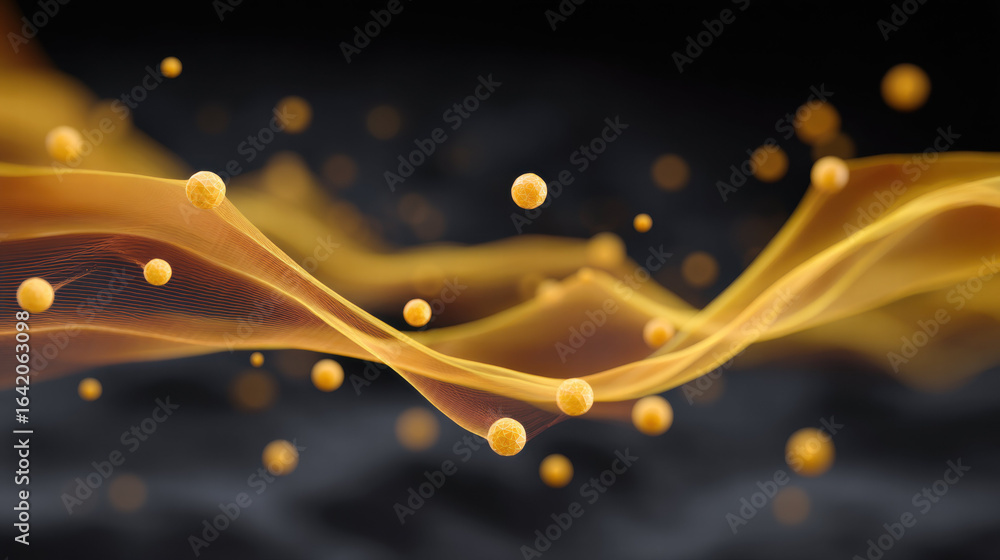Poster golden particles float around flowing translucent waves abstract digital visualization with dark bac