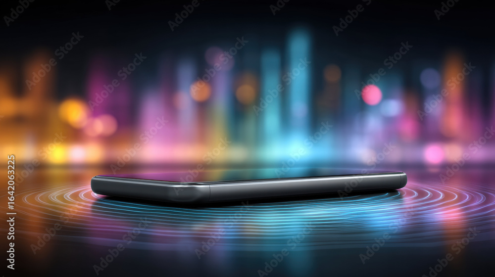 Poster smartphone digital device emitting waves of automation with colorful blurred city lights in backgrou