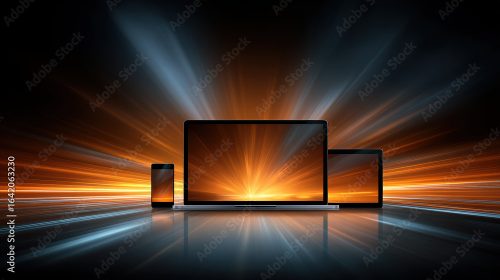 Poster digital device set with glowing orange and blue light rays creating futuristic technology scene with