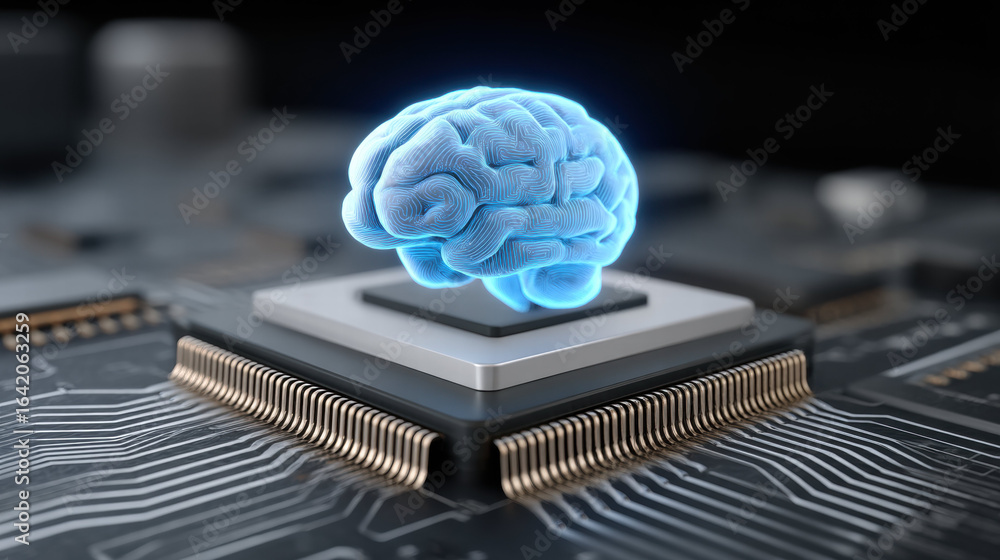 Poster artificial intelligence concept with glowing blue brain hologram above advanced computer chip on cir