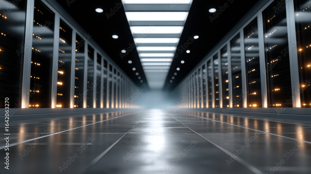 Poster advanced computing data center corridor with glowing ai nodes and reflective floor creating futurist