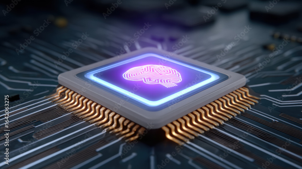 Poster artificial intelligence chip with glowing neural network design on advanced computer processor