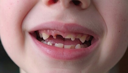 A close-up of a child's open mouth reveals missing and partially erupted permanent teeth alongside existing baby teeth.