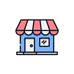 Minimalist store front illustration featuring a pink and white awning