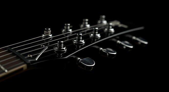 Close up of a black electric guitar headstock with tuning pegs - Powered by Adobe