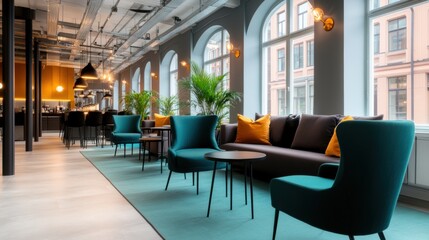 Fototapeta premium A modern lounge area featuring cozy teal chairs, stylish yellow cushions, and plants, ideal for relaxation or casual meetings, Perfect for use in hospitality, interior design, or lifestyle projects,