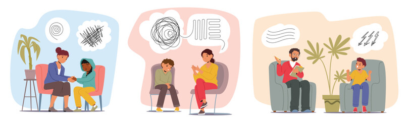 Naklejka na ściany i meble Lonely depressed frustrated children receiving professional psychiatrist and psychologist support