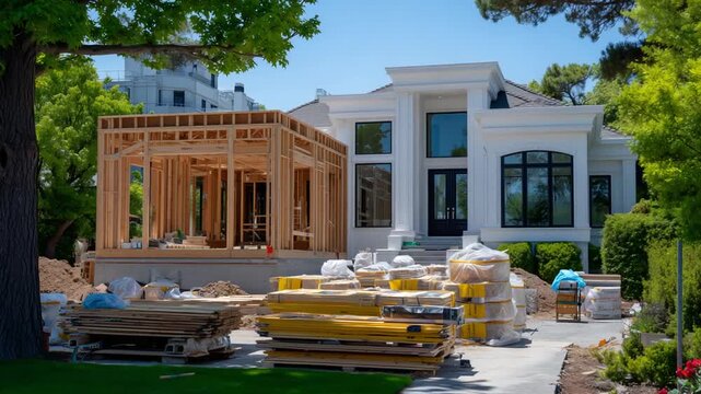 A modern home extension features a timber frame under construction, complementing a sleek white fa&ccedil;ade and panoramic windows, with organized construction materials.