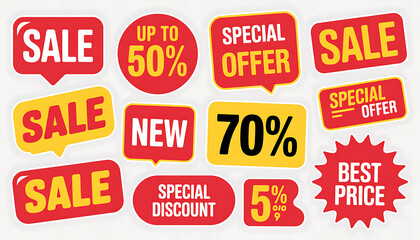 Collection of red and yellow sale and discount stickers with percentage off offers and special promotions