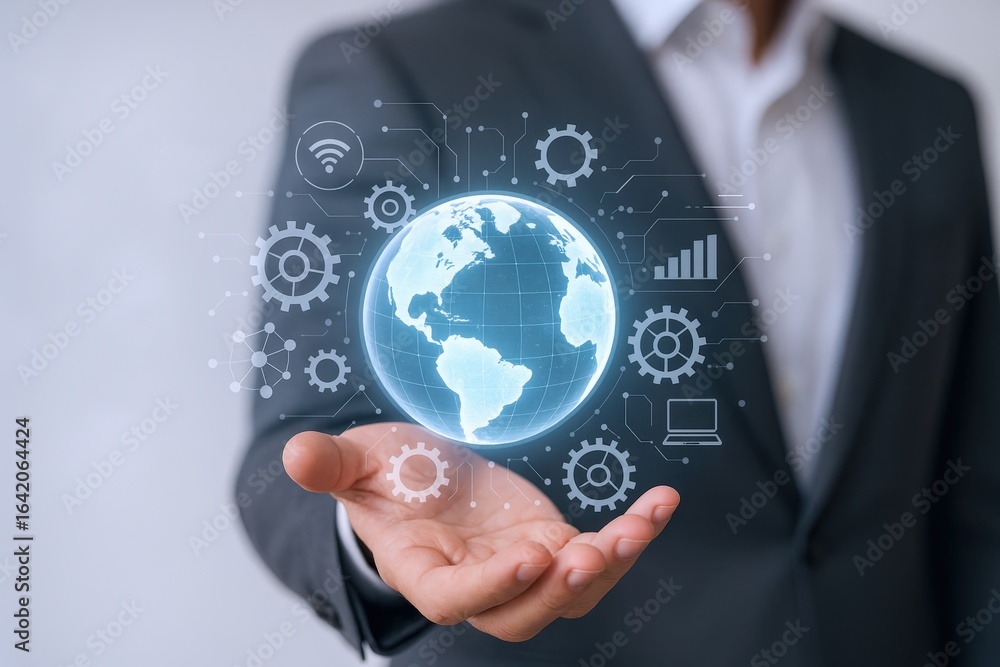 Poster global technology network concept: businessman holding digital globe with data visualization in palm