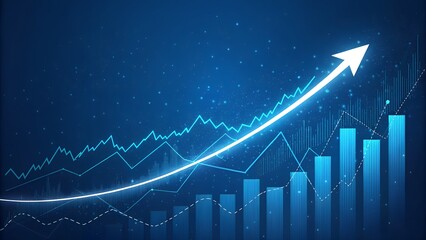 Glowing arrow graph shows upward trend against digital background with bars