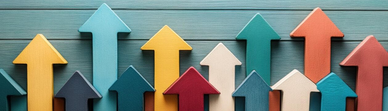 Colorful wooden arrows pointing upward against a blue background, symbolizing growth and positive direction, Ideal for business presentations, motivational materials, or educational content,