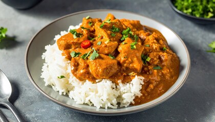A plate of chicken tikka masala served on a bed of white rice is garnished with chopped cilantro and red chili peppers.
