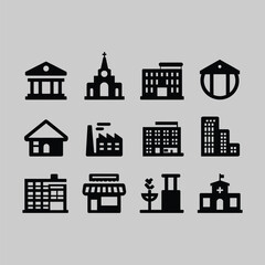 Fototapeta premium Twelve black building icons on a light gray background architecture house