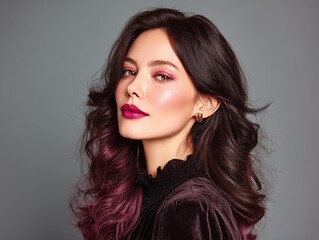 Fototapeta premium Elegant Woman with Fashionable Hair Color and Makeup