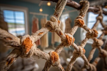 Close-up of a handcrafted rope net with nautical decor in a boutique shop, capturing the textures and craftsmanship against a soft, blurred background of dresses.