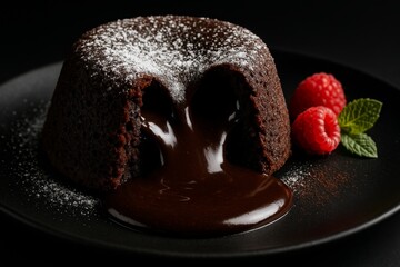 Chocolate lava cake with raspberries and mint on a black plate  