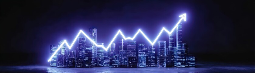 A futuristic city skyline with glowing skyscrapers displays an upward trending graph, symbolizing growth and progress, This image is perfect for finance, technology, or business presentations,