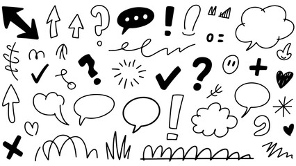 Naklejka premium Hand-Drawn Doodle Set: Arrows, Speech Bubbles, Symbols & More