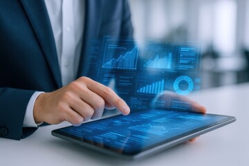 Businessman Analyzing Financial Data on a Tablet with Futuristic Holographic Interface in an Office