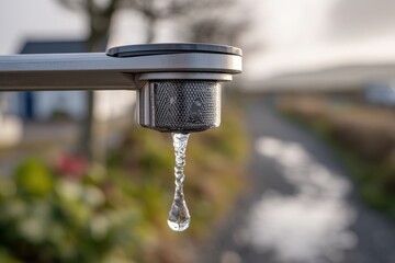 A close-up of a water tap with a water droplet, blurring background showing the path, garden in a...