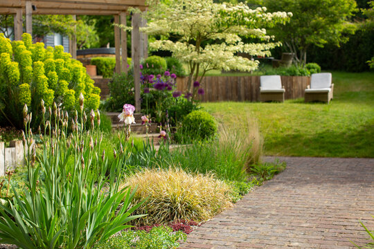 Landscaped garden with brick path and lawn with loungers