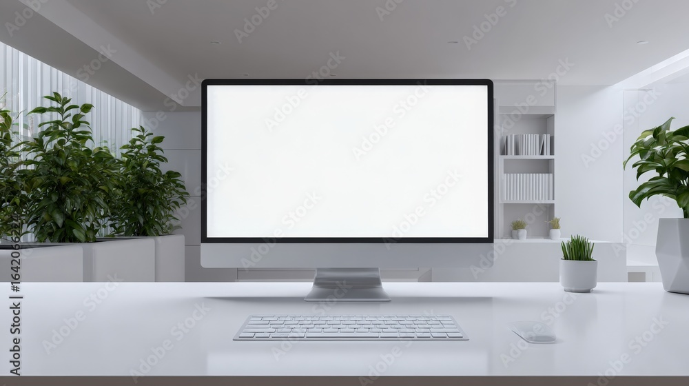 Poster sleek workspace featuring a modern computer with a blank screen, surrounded by minimalist design and