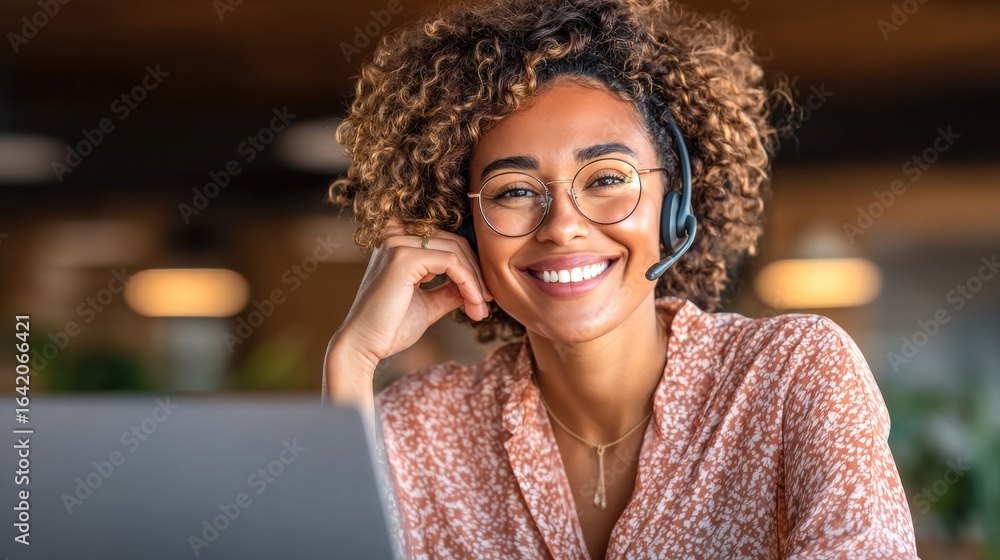 Aufkleber friendly customer service representative wearing a headset and smiling at the camera with a warm exp