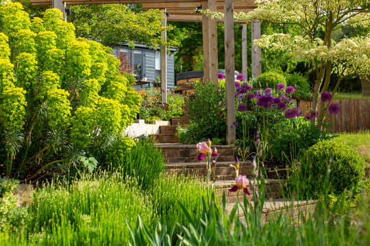 Lushly planted garden in early spring